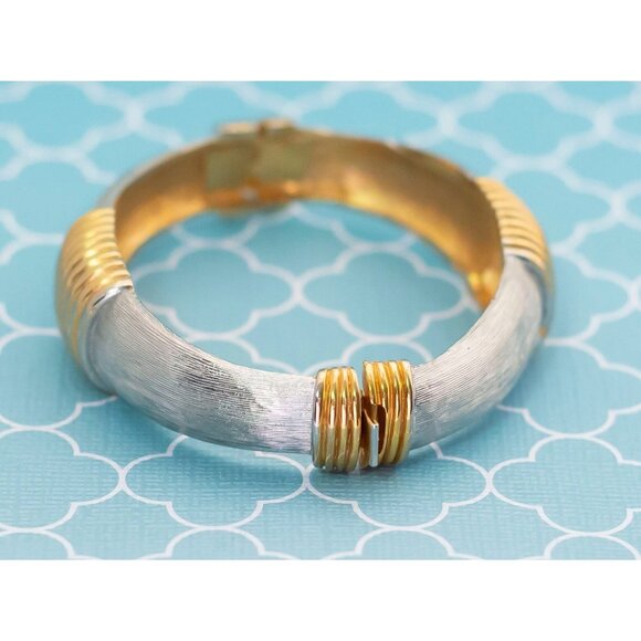 Vintage Brutalist Silver & Gold Tone Hinged Bangle 6 inch - R12 - Picture 3 of 4
